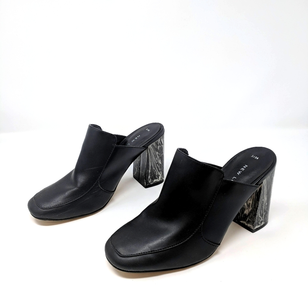 Black marble heeled mules